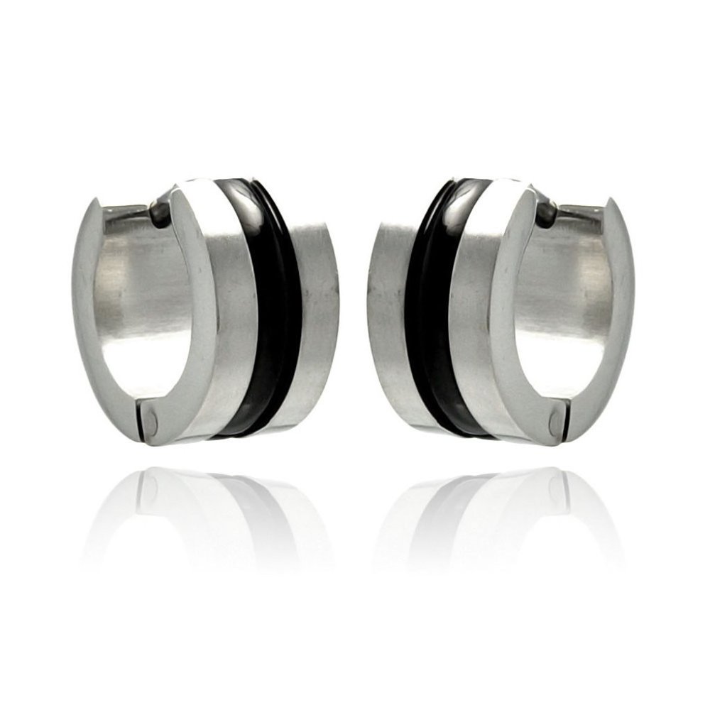 Stainless Steel Rhodium Plated and Black Enamel Line Center Hoop Huggies Earring